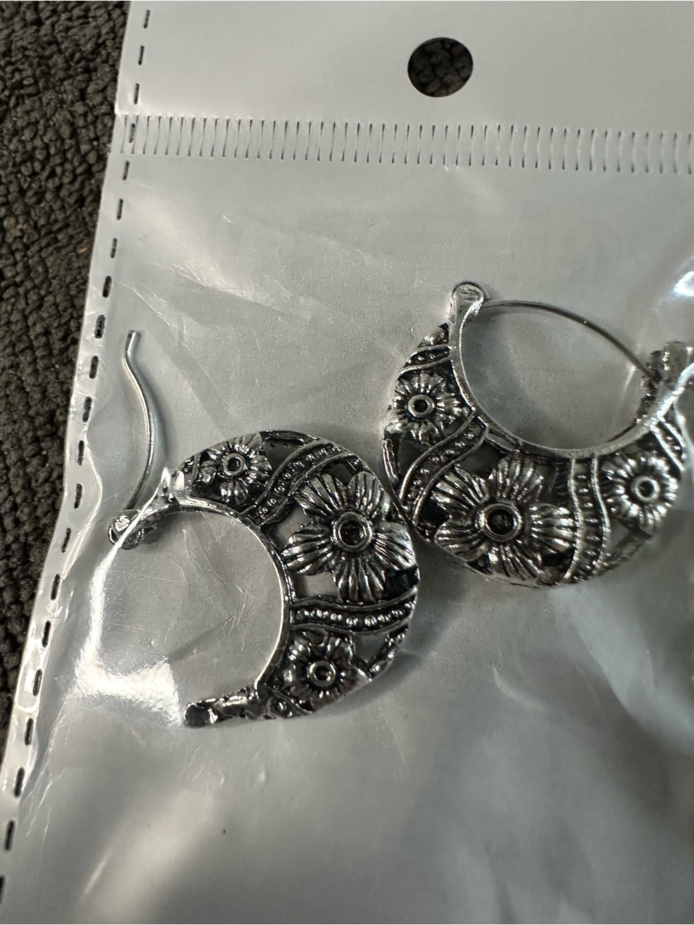 Silver Floral Crescent Hoop Earrings for Women